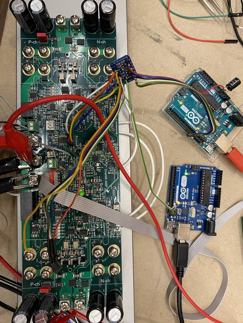 Finished amplifier board on the bench, used in Single Speaker Stereo
