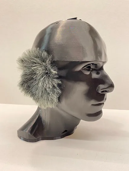 Binaural head with compact wind muffs on the ears