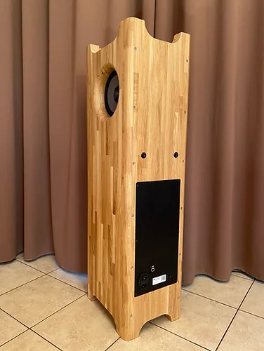 Rear view of the archived oak Single Speaker Stereo showing the two room-balance switches and lower connection panel