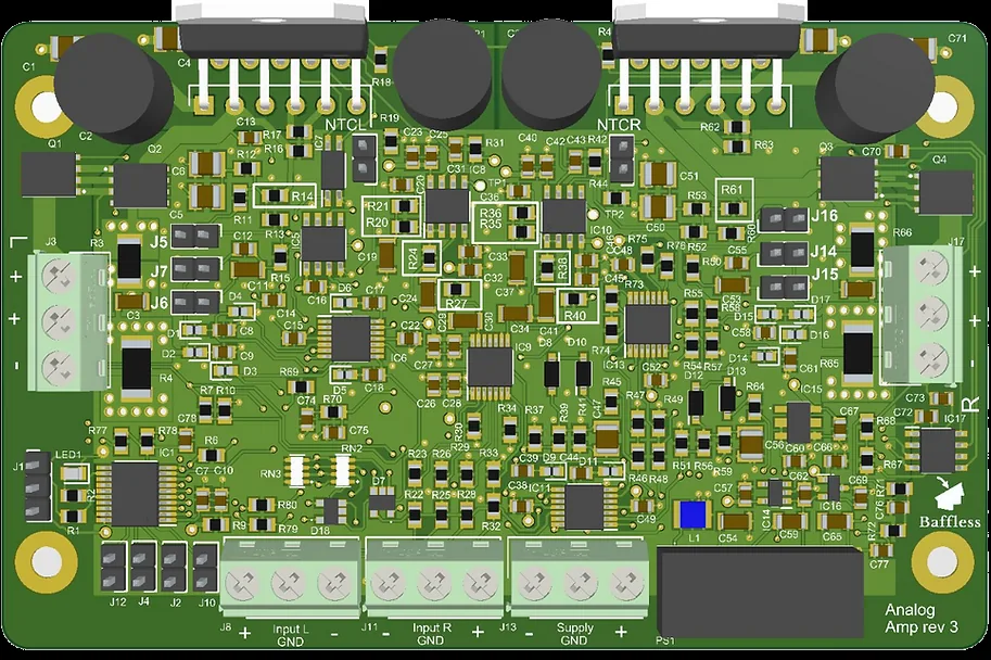 Baffless analog current-drive amplifier board 3D render