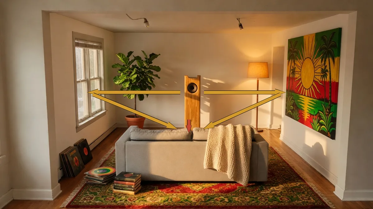Cozy listening room seen from behind the sofa: oak Single Speaker Stereo on the far wall. Red arrow is mid information to the top of the sofa; gold arrows are side information bouncing off the side walls to the same listening point
