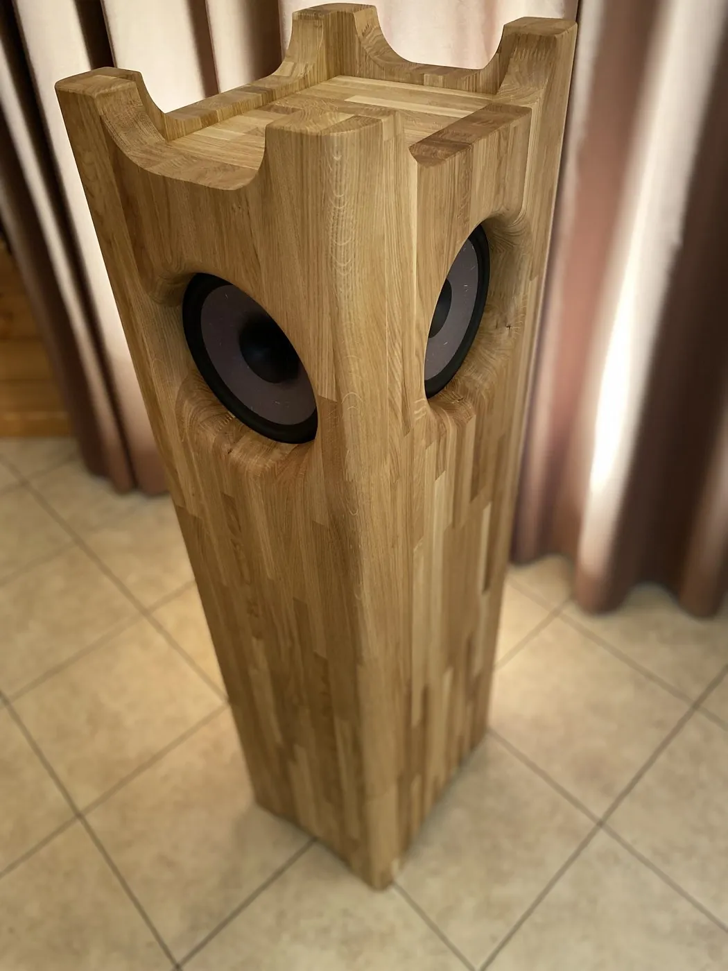 Close view of the Single Speaker Stereo top showing two full-range drivers and sculpted oak apertures