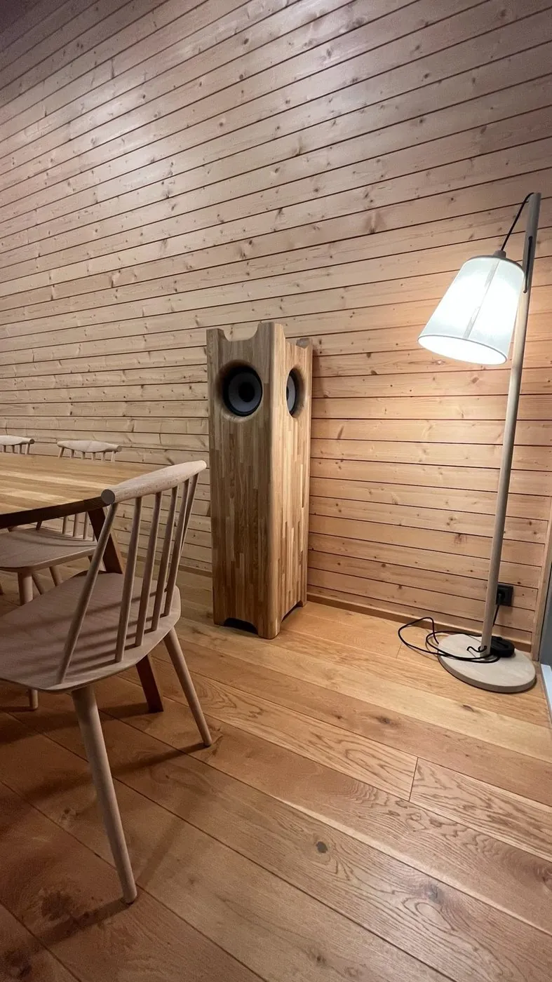 Single Speaker Stereo beside a dining area and wooden wall
