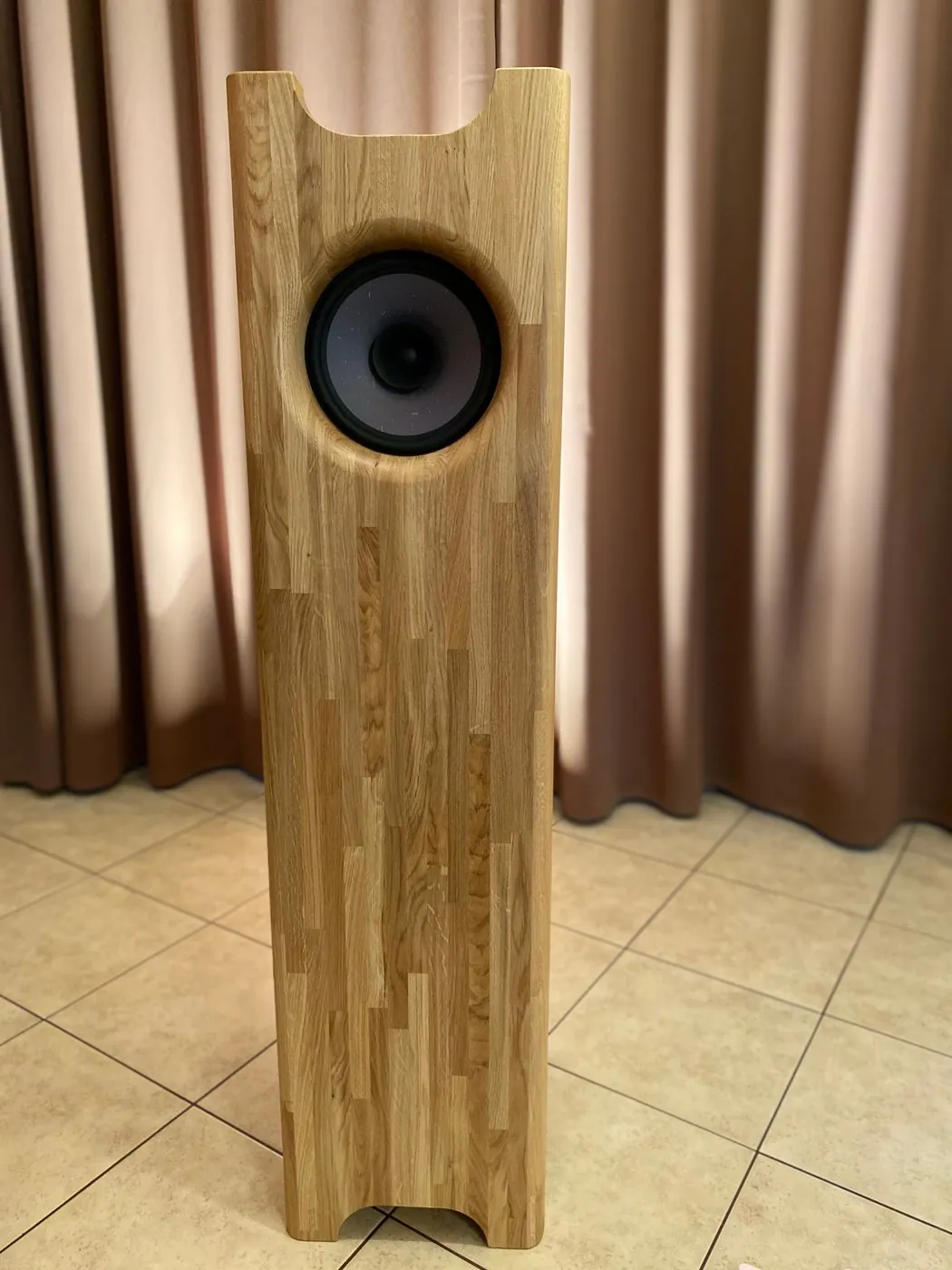 Front view of the oak Single Speaker Stereo enclosure and its forward-facing full-range driver
